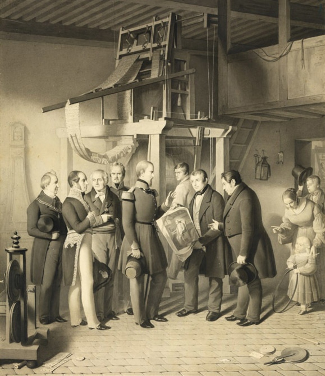 Jean-Claude Bonnefond (peintre), Dessin préparatoire à *La visite de Mgr le duc d'Aumale à la Croix-Rousse dans l'atelier de M. Carquillat*, Lyon, 1844.