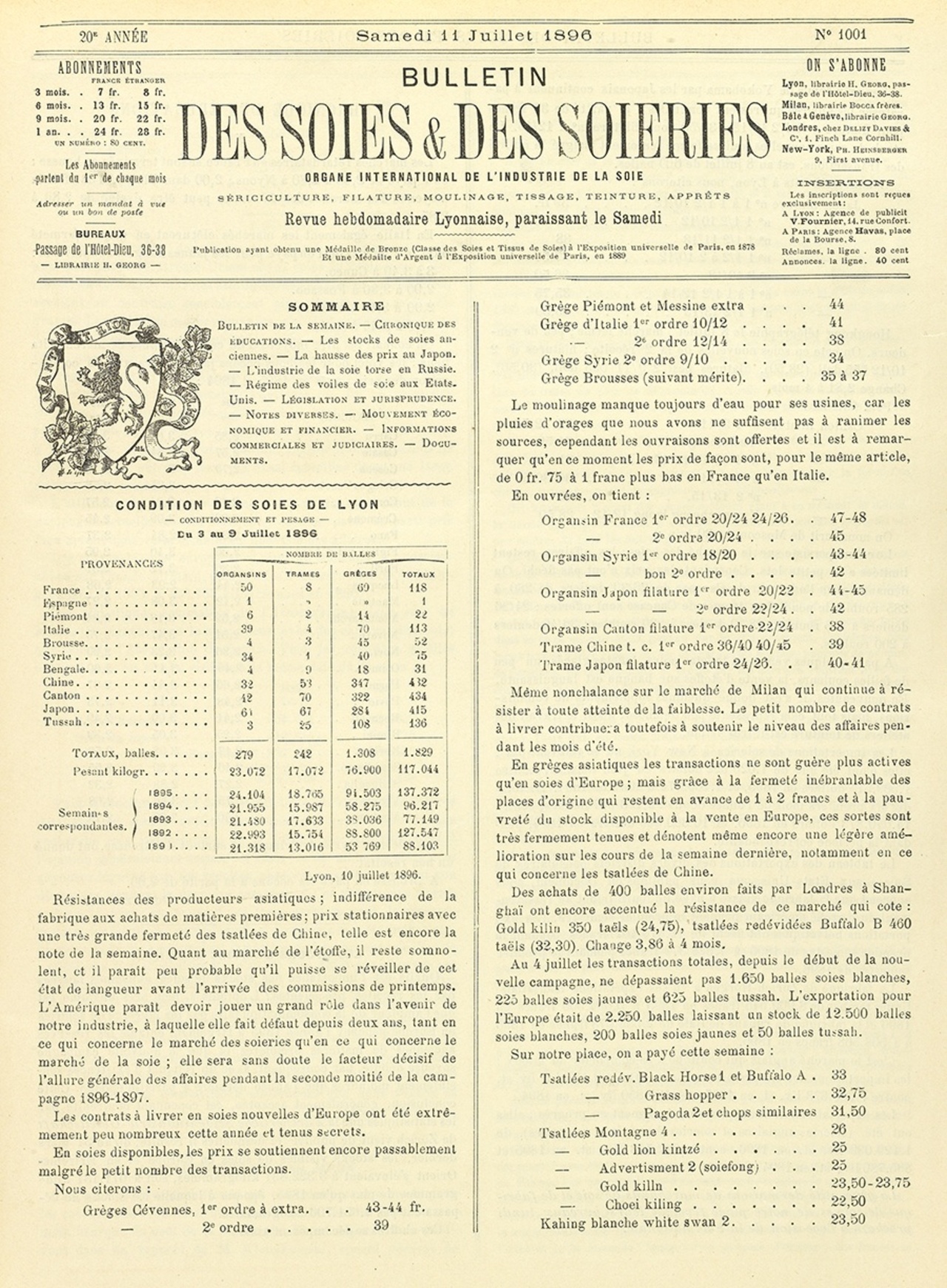 Bulletin des Soies et Soieries, n°1001, 11 juillet 1896.
