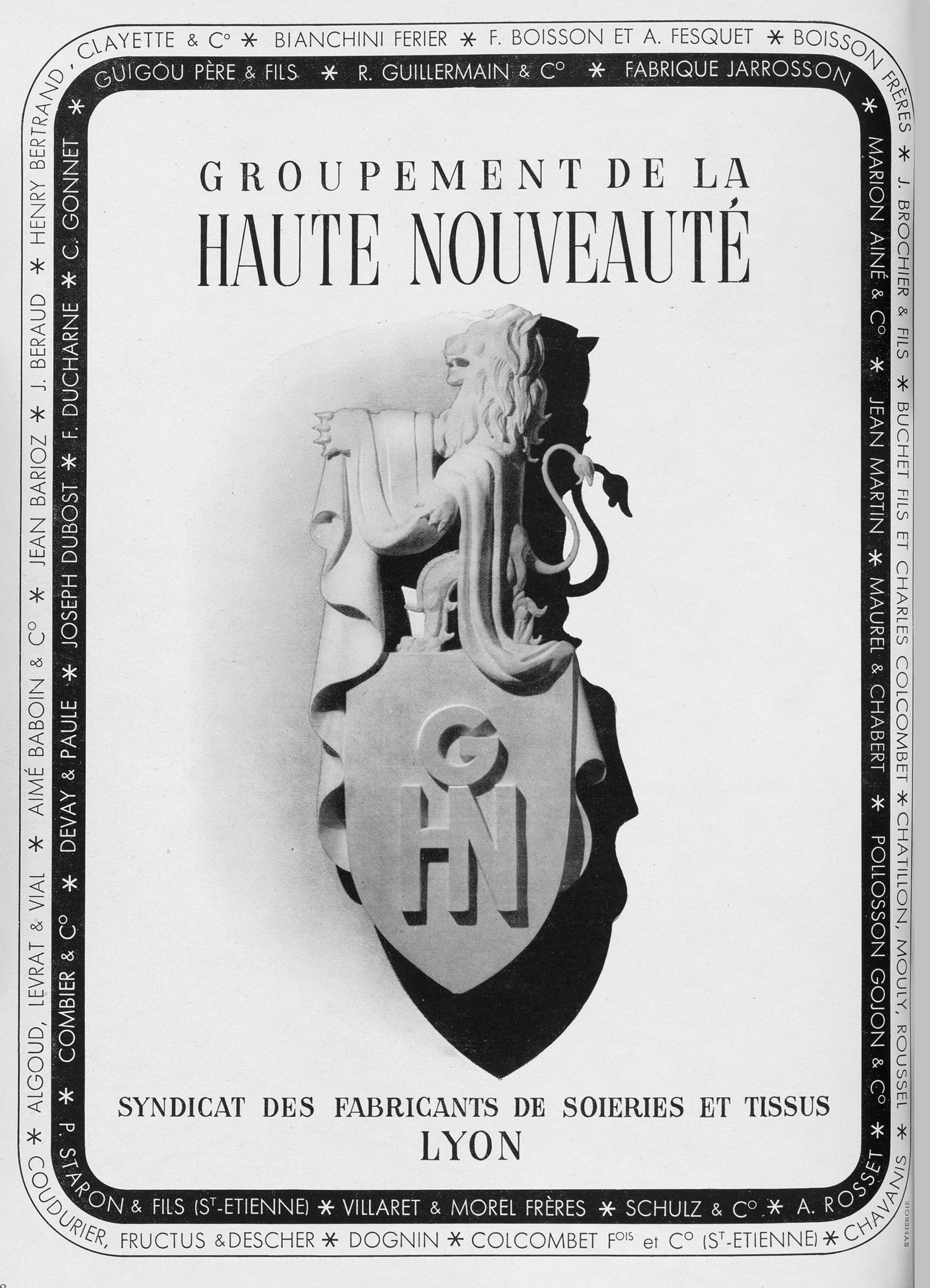 Publicité pour le groupement de la Haute Nouveauté - Syndicat des fabricants de soieries et tissus de Lyon, 1945-1946. © © musée des Tissus – Sylvain Pretto