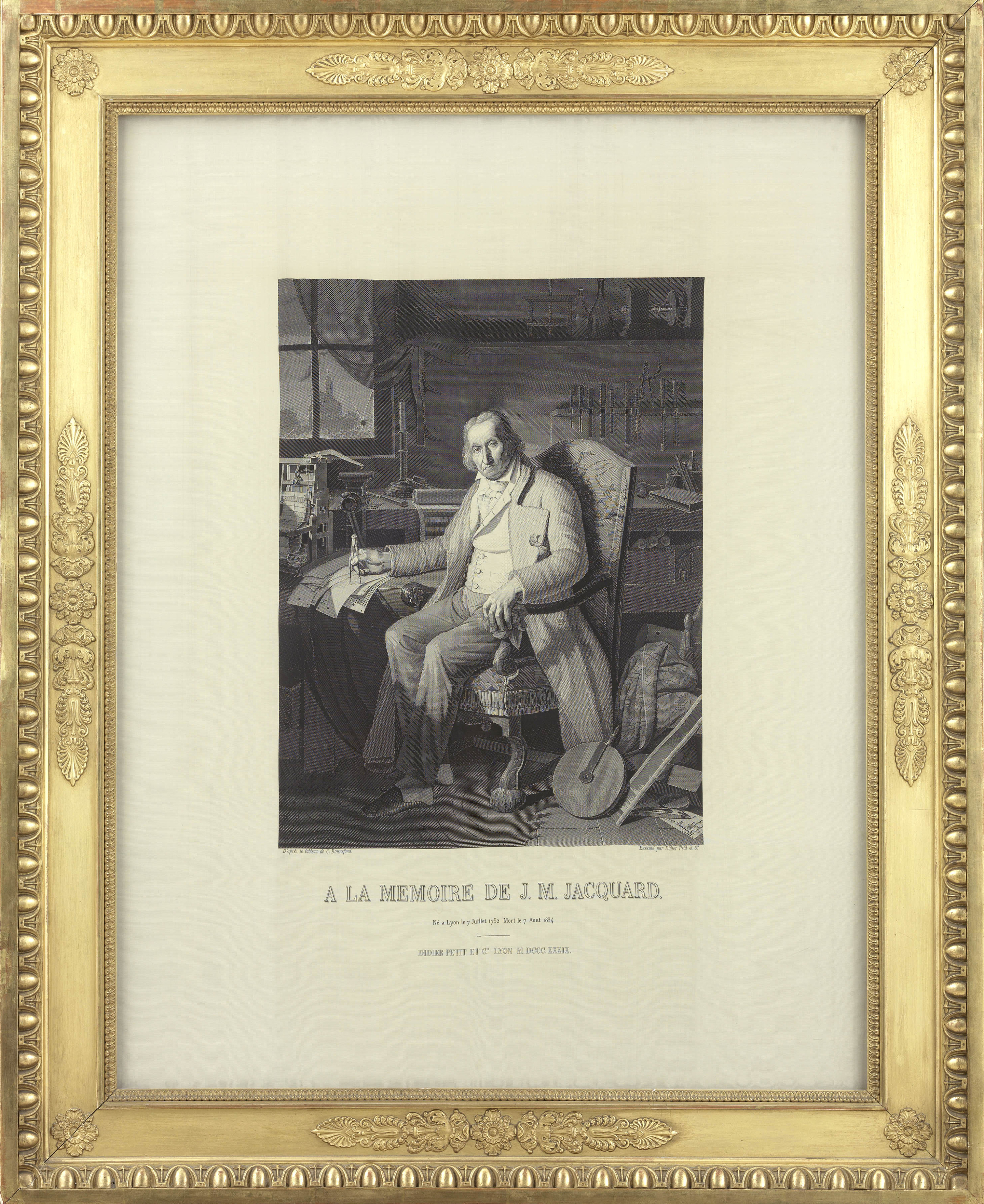 Maison Didier-Petit et Cie, J.-L. Moulin, Michel-Marie Carquillat, portrait de Joseph-Marie Jacquard d’après Jean-Claude Bonnefond, Lyon, 1839. © © musée des Tissus - Sylvain Pretto