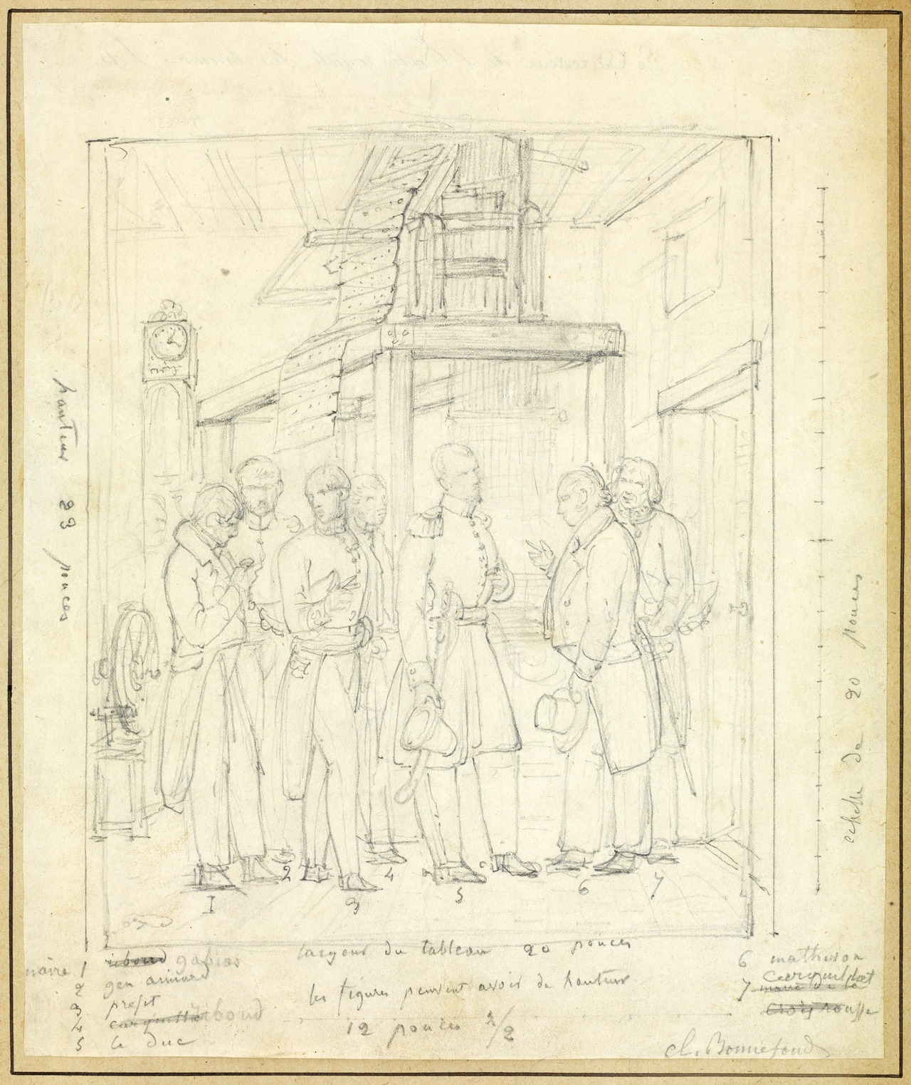 Jean-Claude Bonnefond (peintre), Dessin préparatoire à La visite de Mgr le duc d'Aumale à la Croix-Rousse dans l'atelier de M. Carquillat, Lyon, 1844.