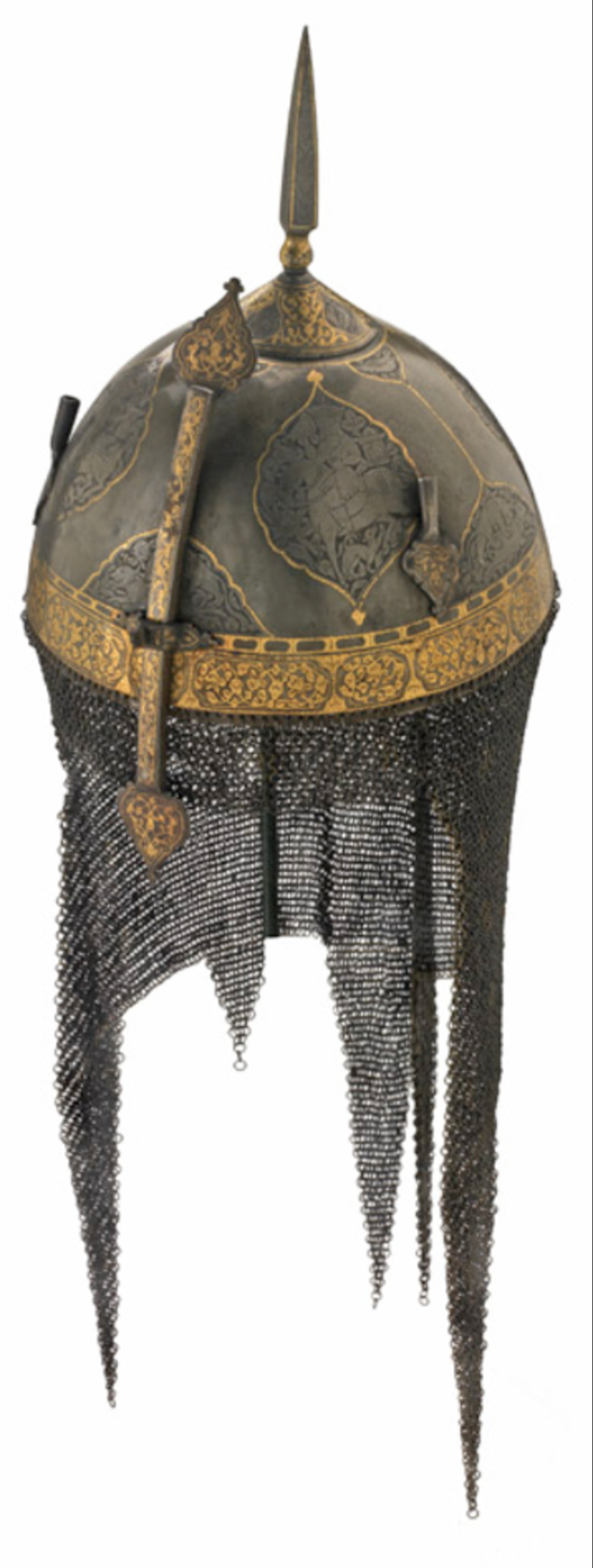Kulah khud, Casque à camail et nasal mobile, Perse, fin du XVIIIe siècle © Lyon, musée des Tissus – Pierre Verrier