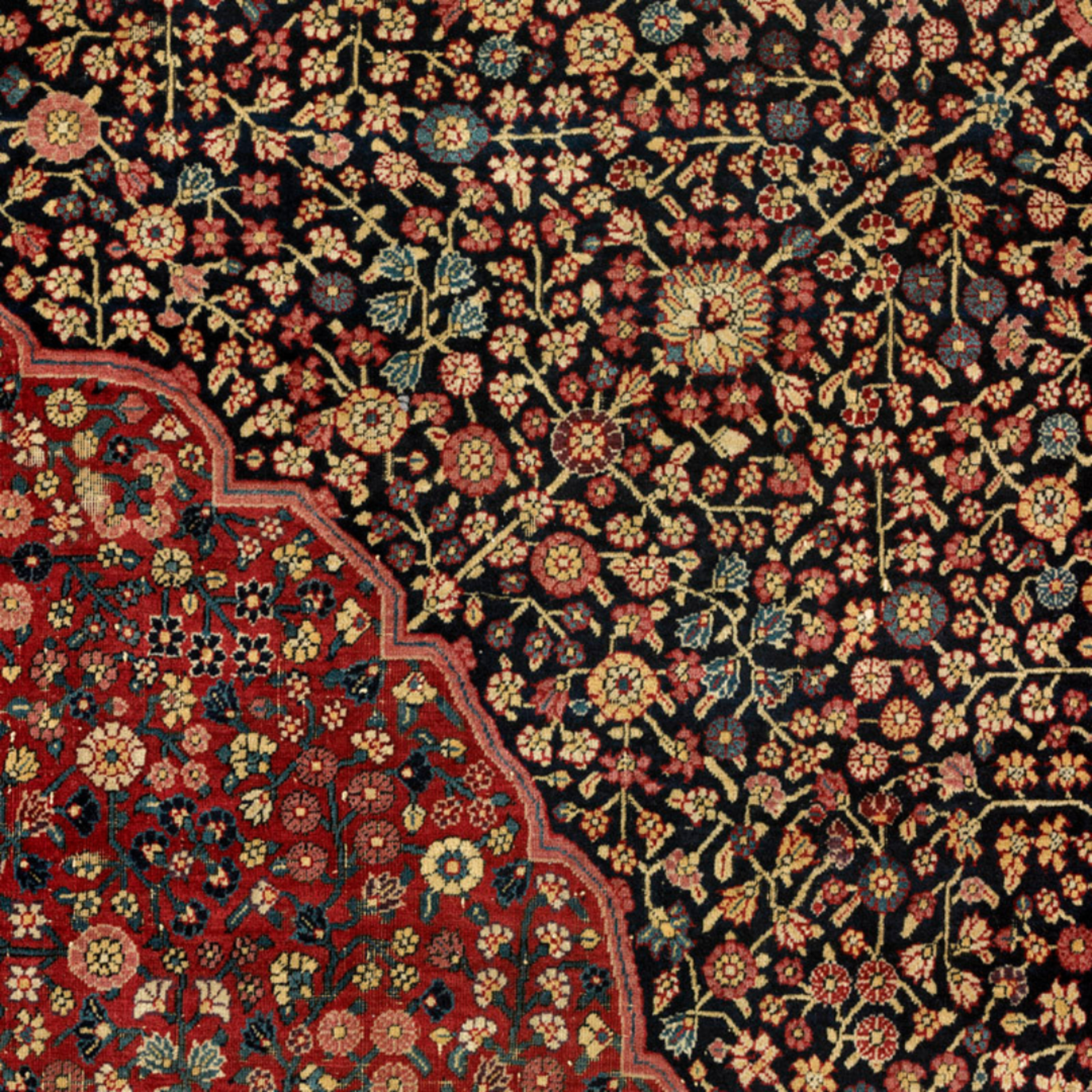 Détail tapis de prière dit Millefleurs, Cachemire, 1ère moitié du 18e siècle.  © © Lyon, musée des Tissus - Sylvain Pretto