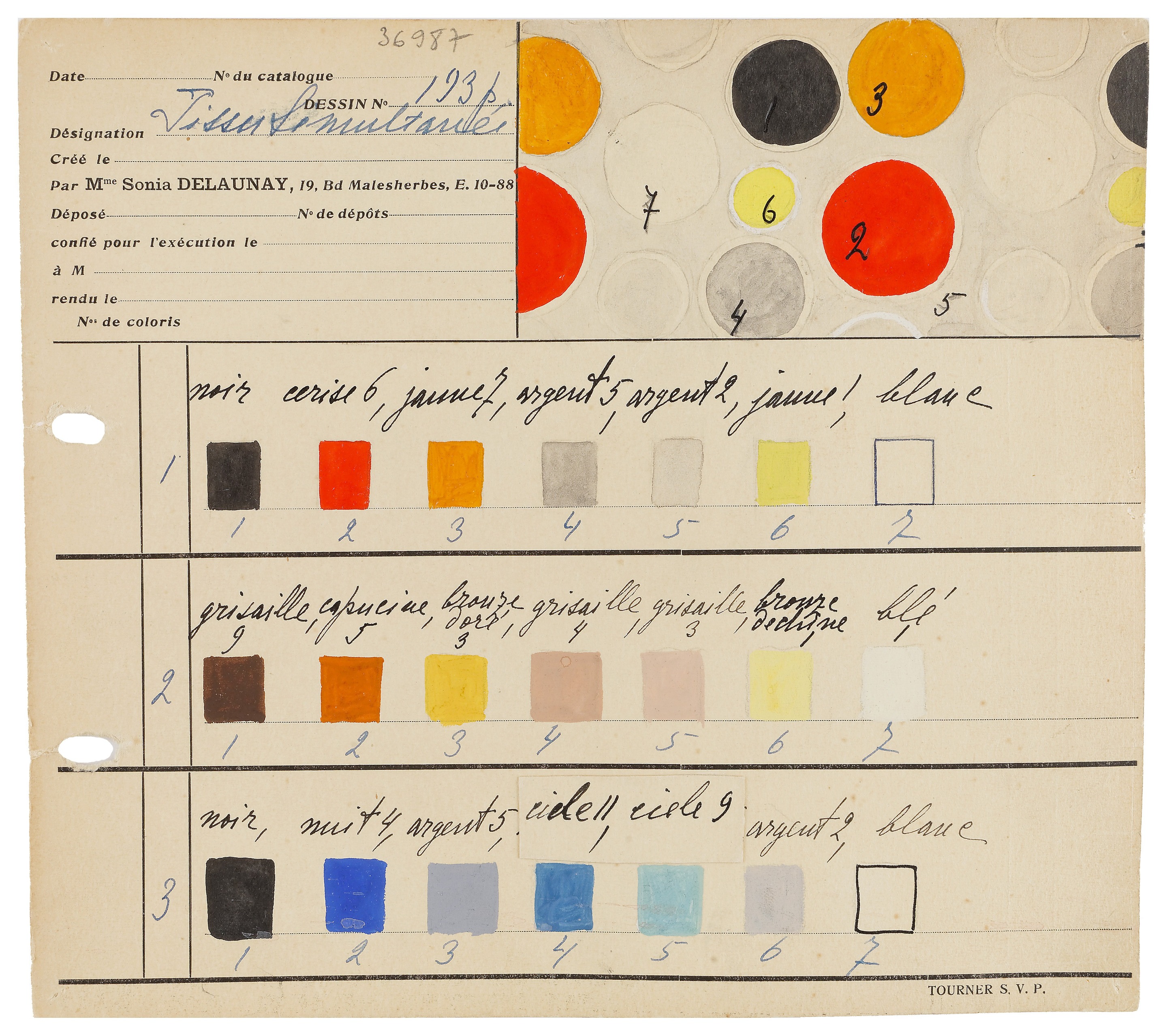 Sonia Delaunay, carte de coloris pour tissu simultané n°193, Paris, 1927. MT 36987.10. Don de Delaunay Sonia, 1974. © © Lyon, musée des Tissus et des Arts décoratifs — Sylvain Pretto