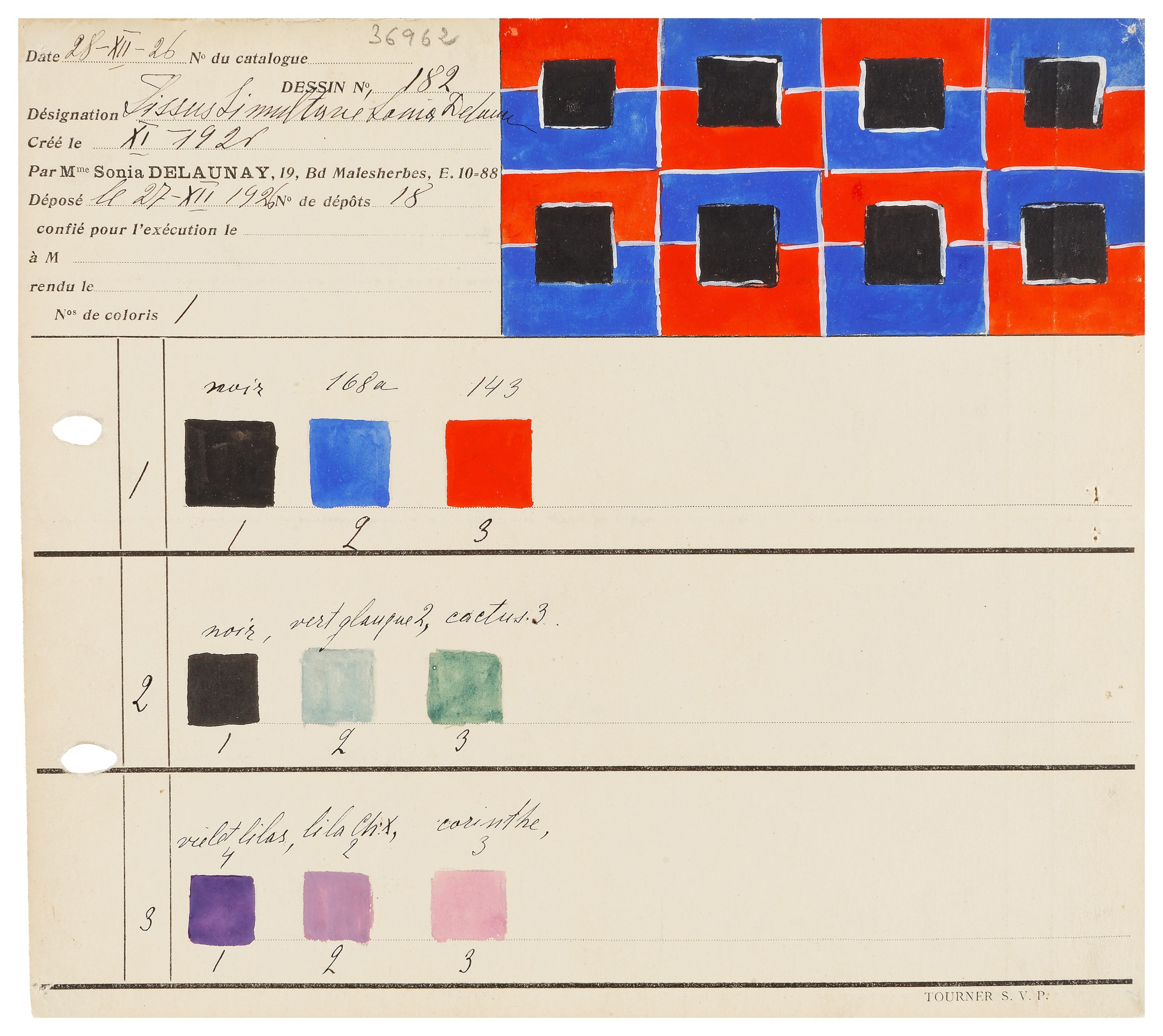 Sonia Delaunay, carte de coloris pour tissu simultané n°182, Paris, 28 décembre 1926. MT 36962.8. Don de Delaunay Sonia, 1974. © © Lyon, musée des Tissus et des Arts décoratifs — Sylvain Pretto