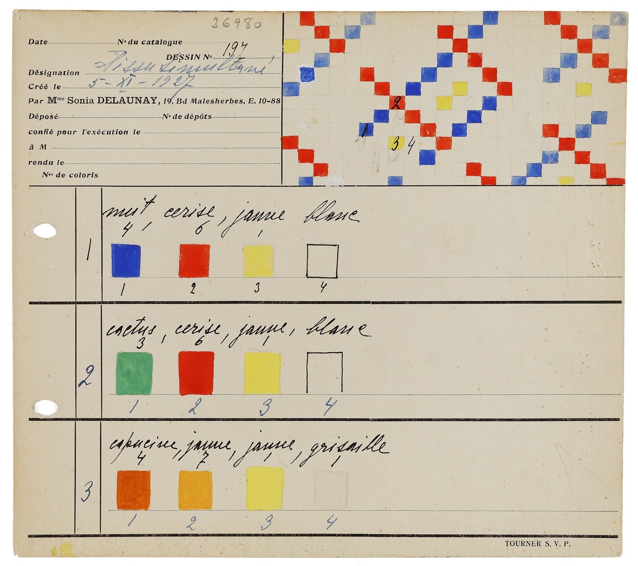 Recto - Sonia Delaunay, Carte de coloris pour tissu simultané n°197, Paris, 1927 MT 36980.5. Don de Sonia Delaunay, 1974. © © Lyon, musée des Tissus et des Arts décoratifs — Sylvain Pretto