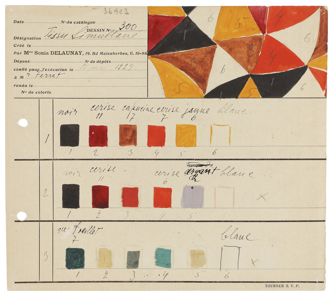 Recto - Sonia Delaunay, Carte de coloris pour tissu simultané n°300, Paris, 1929.  MT 36923.7. Don de Sonia Delaunay, 1974. © © Lyon, musée des Tissus et des Arts décoratifs — Sylvain Pretto