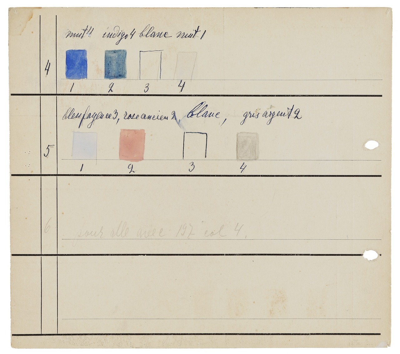 Verso - Sonia Delaunay, Carte de coloris pour tissu simultané n°197, Paris, 1927 MT 36980.5. Don de Sonia Delaunay, 1974. © © Lyon, musée des Tissus et des Arts décoratifs — Sylvain Pretto