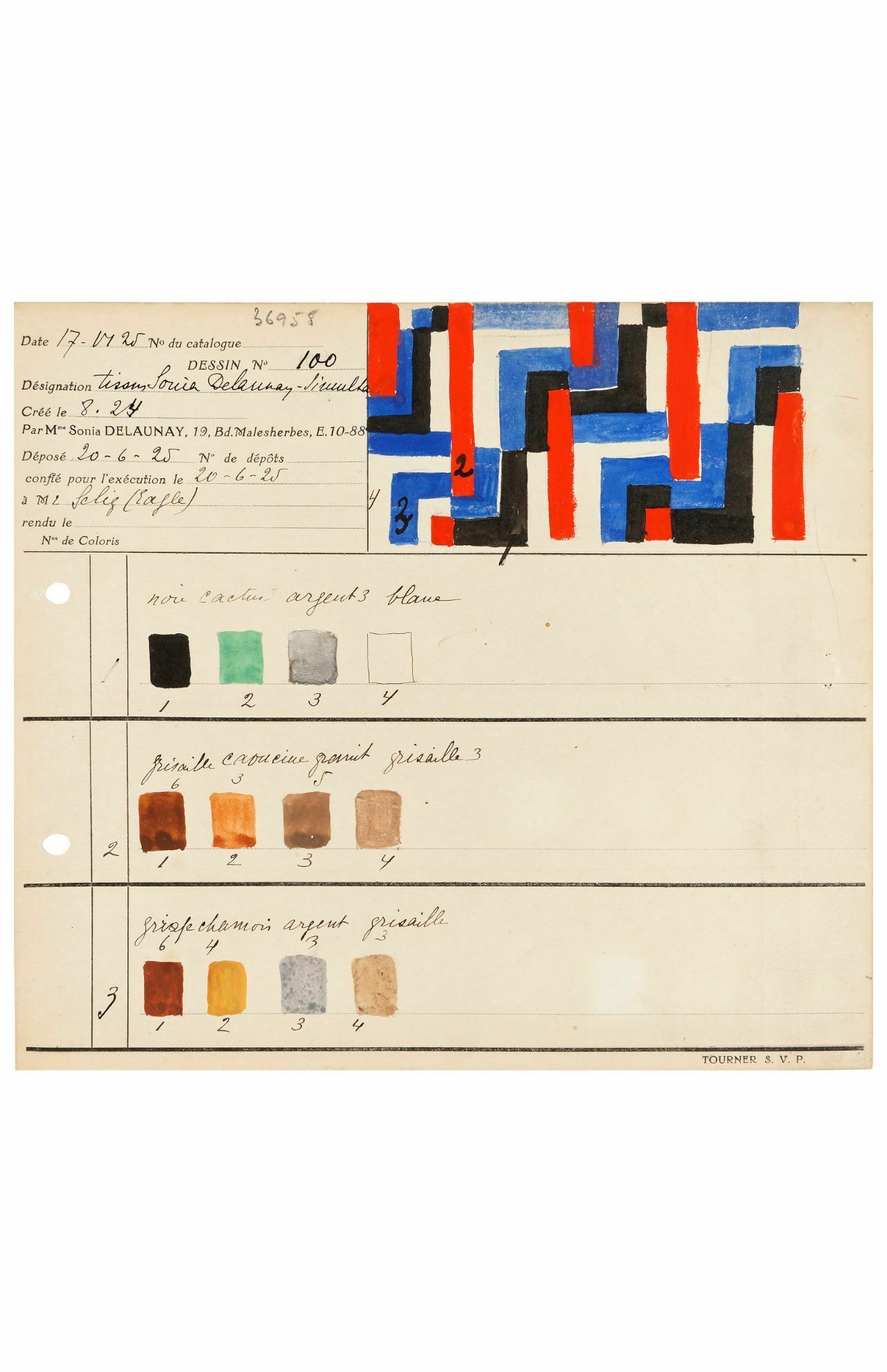 Sonia Delaunay, Carte de coloris pour tissu simultané n°100, Paris, 1925. MT 36958.2. Don de Sonia Delaunay, 1965. © © Lyon, musée des Tissus et des Arts décoratifs — Sylvain Pretto 