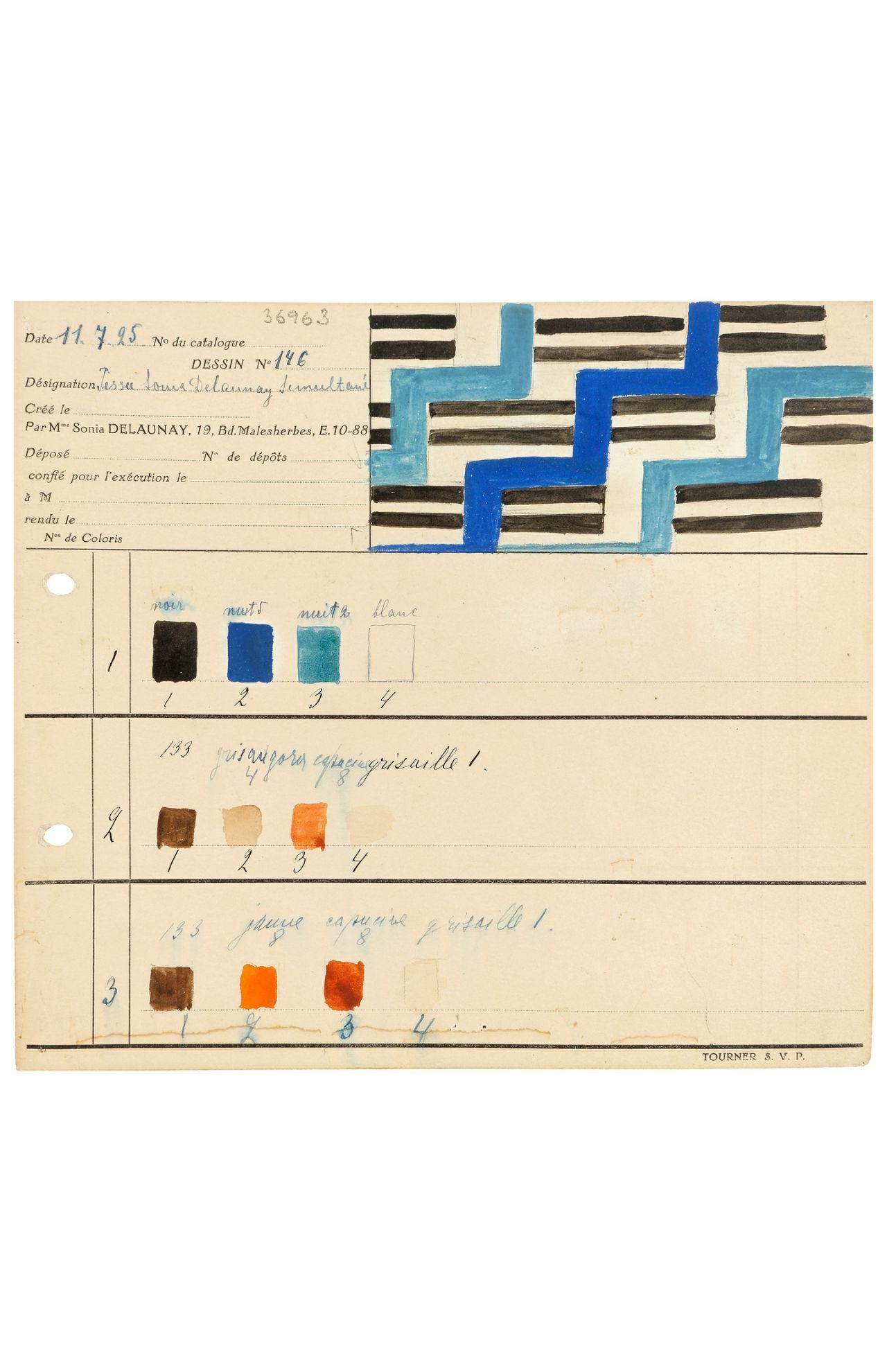 Sonia Delaunay, Carte de coloris pour tissu simultané n°146, Paris, 1925. MT 36963.2. Don de Sonia Delaunay, 1965. © © Lyon, musée des Tissus et des Arts décoratifs — Sylvain Pretto 