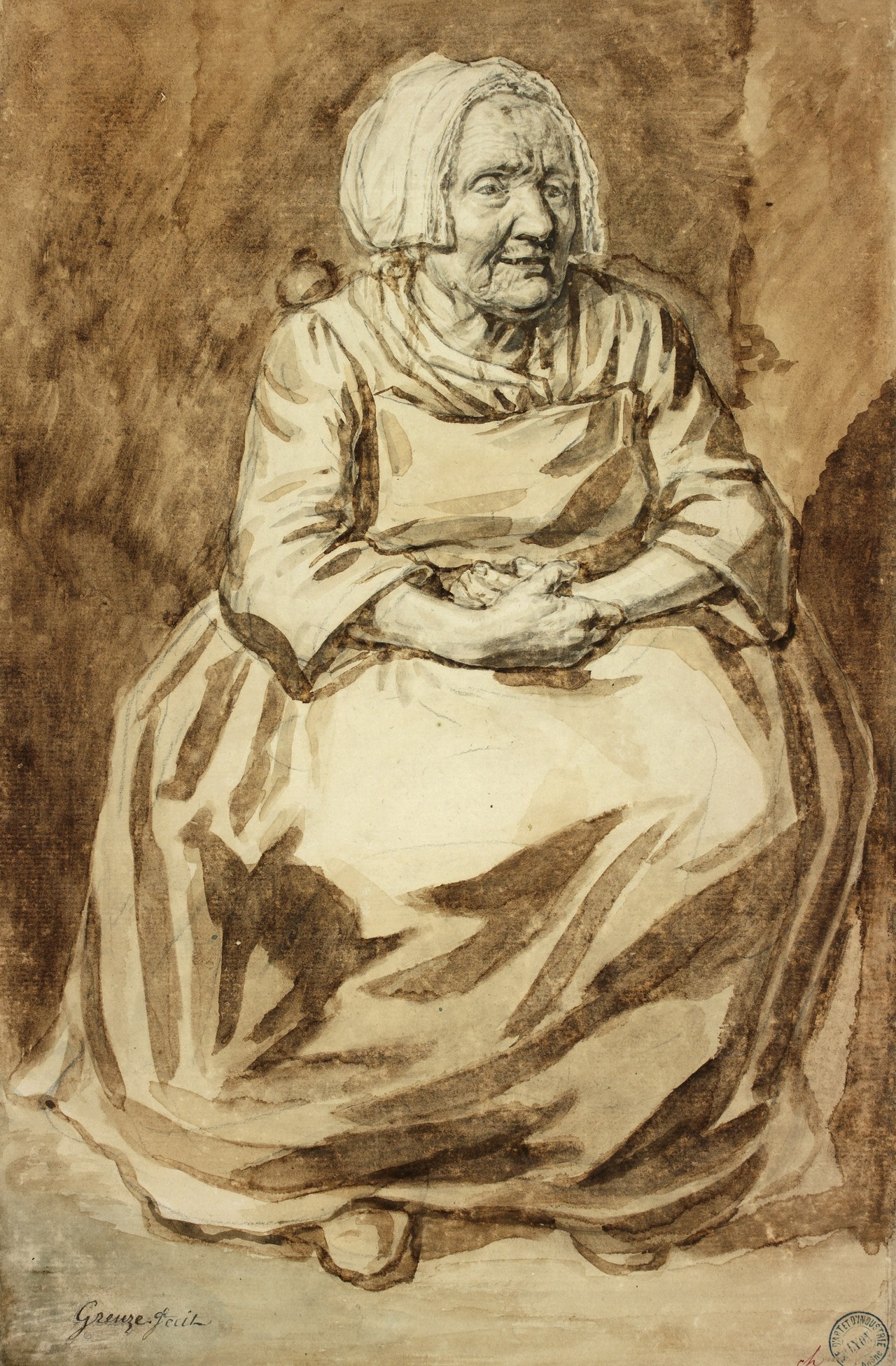 Jean-Baptiste Greuze, Vieille femme assise, France, avant 1755 MT 9134. Achat auprès de Chatelain, 1863 © © Lyon, musée des Tissus et des Arts décoratifs — D.R.